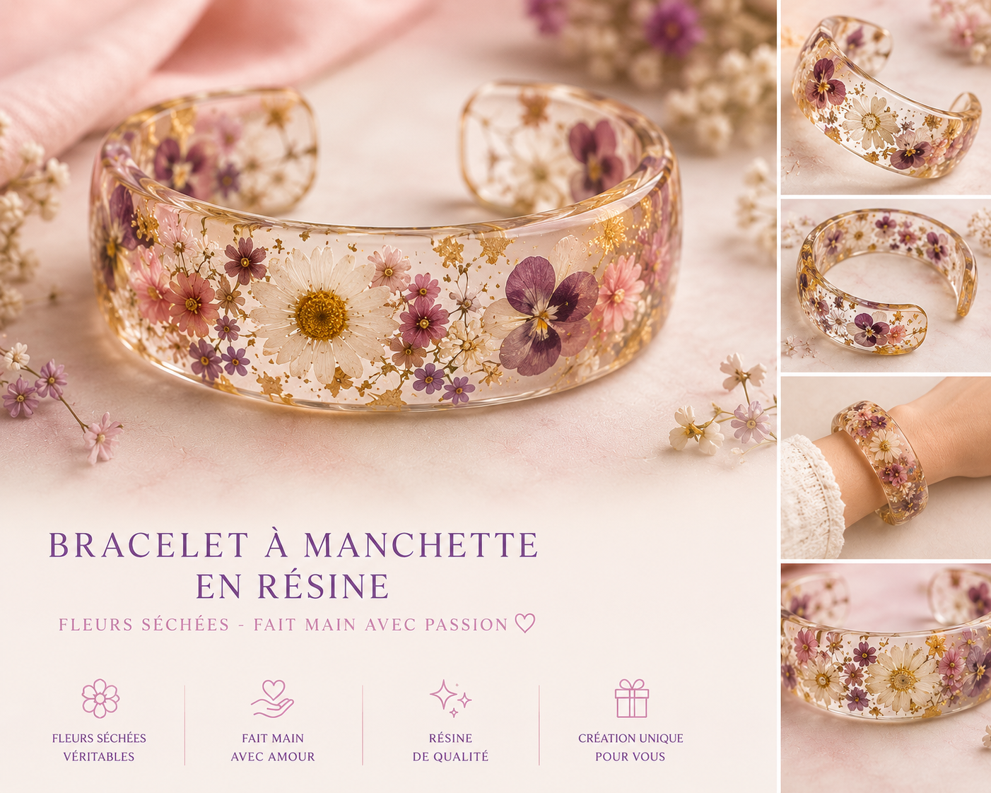 Bracelet manchette en résine avec fleurs séchées
